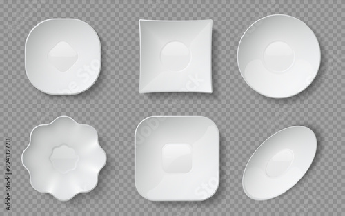 Realistic food plates. White empty crockery, porcelain dishware and glass bowls and restaurant plates. Vector illustration ceramic dish mockup set for kitchen or dining on transparent background