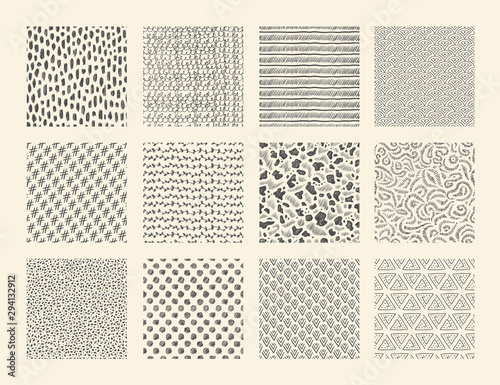 Hand drawn textures. Seamless ink brush repeat patterns with dots strokes grunge and doodle elements. Vector abstract ethnic sketch background set with stripes spots waves