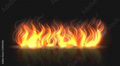 Fire flame effect with smoke. Horizontal reflection smoke and sparks. Realistic burning fire flame. Hot orange light effect on black transparent background. Vector illustration dangerous collection