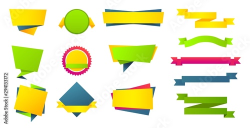 Flat stickers labels banners set. Web origami yellow blue and green tags collection for message. Colorful vector illustration ribbon design for price or text on white background