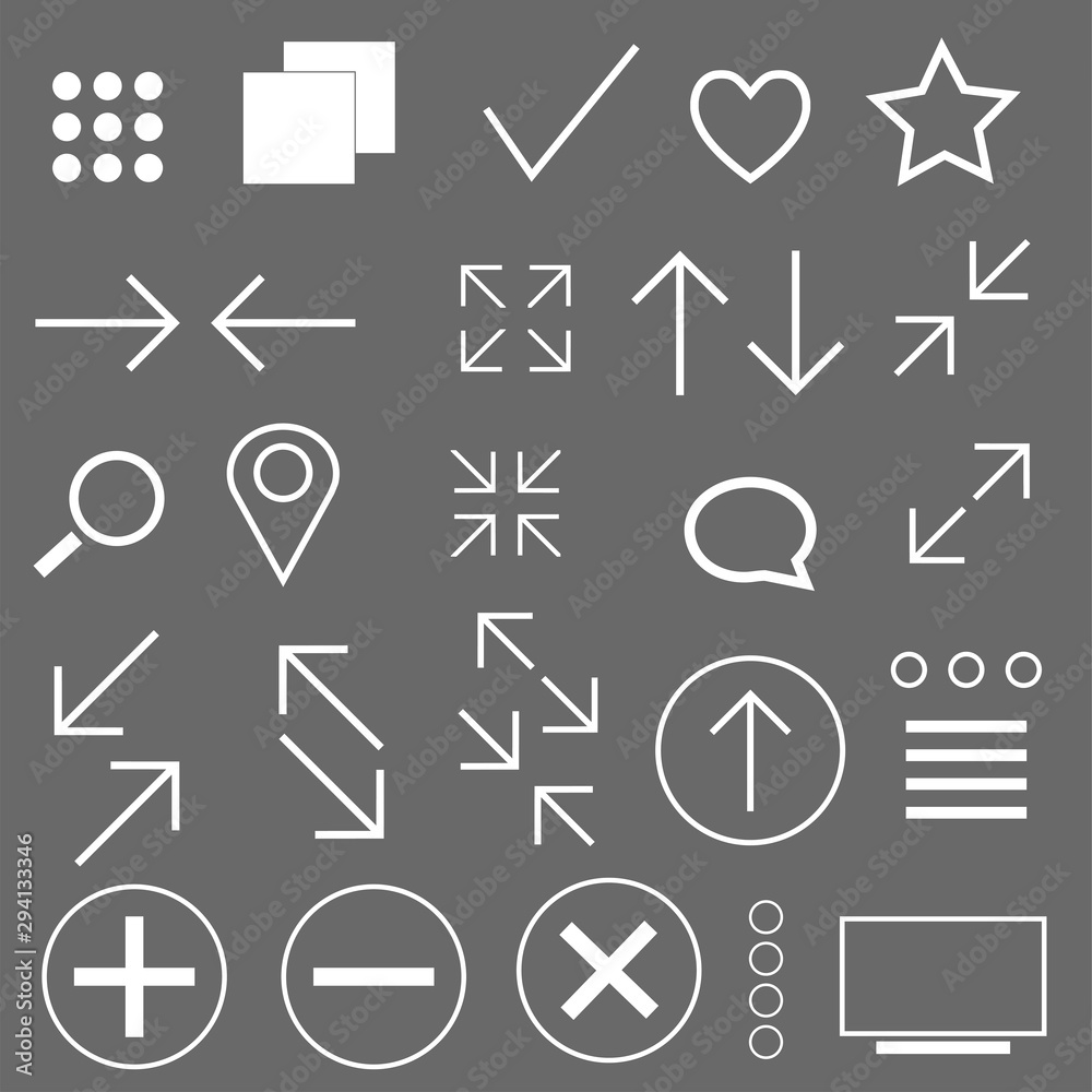 White icons pack, signs set on a grey background. Vector illustration