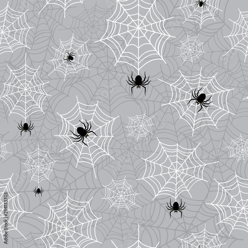 Hanging spider and cobweb halloween seamless pattern. Creepy background repeat pattern for october holidays. Vector illustration EPS10.