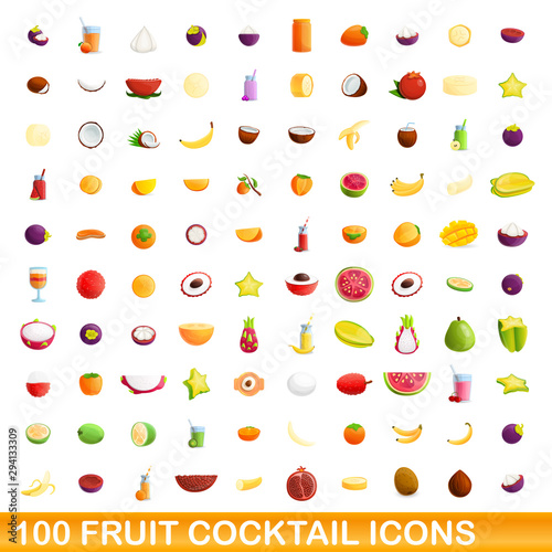 Fototapeta Naklejka Na Ścianę i Meble -  Fruit cocktail icons set. Cartoon set of 100 fruit cocktail vector icons for web isolated on white background