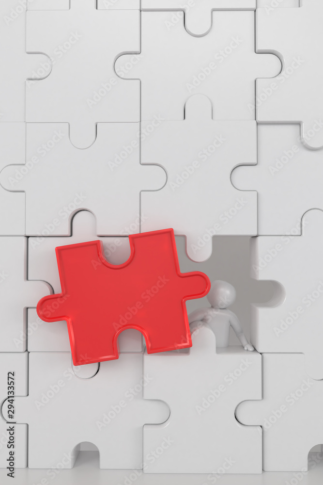 The character is wearing the last piece of the jigsaw puzzle to complete the mission. Includes selection path of floor and background. The character is wearing the last piece of the jigsaw puzzle to complete the mission. Includes selection path of floor and background.