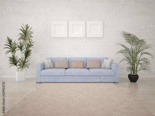 Mock up a stylish living room with a trendy compact sofa and an original hipster backdrop.