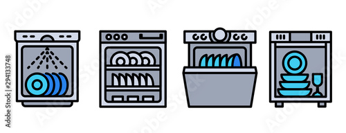 Dishwasher icons set. Outline set of dishwasher vector icons for web design isolated on white background