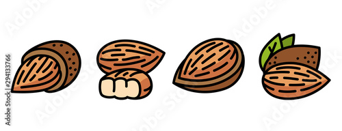 Almond icons set. Outline set of almond vector icons for web design isolated on white background