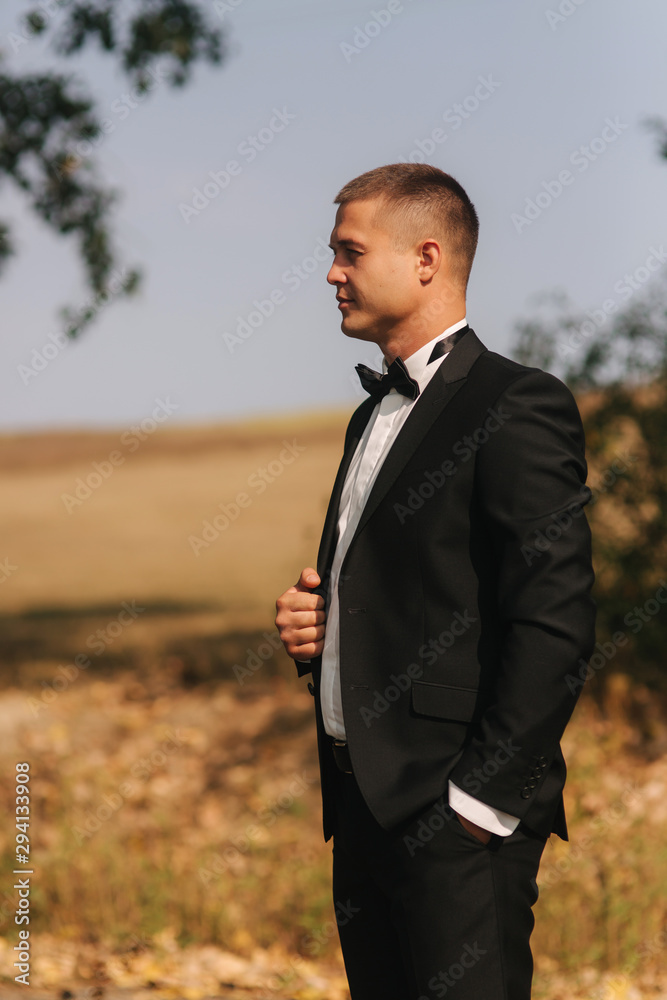 Handsome groomm dressed a tie bow. Wedding day. Man outside. Young man smile Handsome groomm dressed a tie bow. Wedding day. Man outside. Young man smile