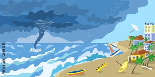 Storm tornado at city beach concept banner. Flat illustration of storm tornado at city beach vector concept banner for web design