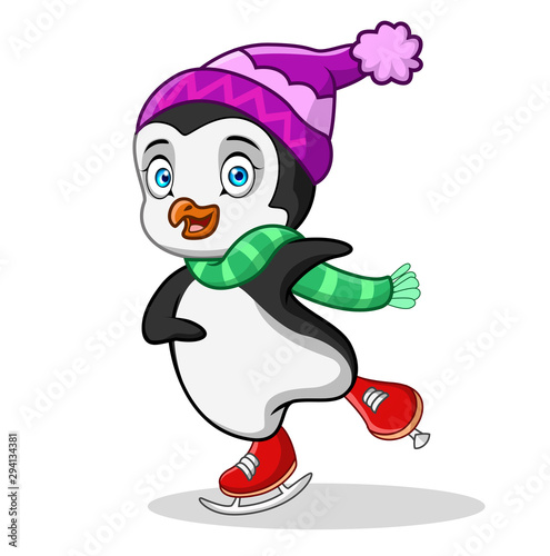 Cute cartoon penguin is playing roller skates in the snow. isolated on white background 