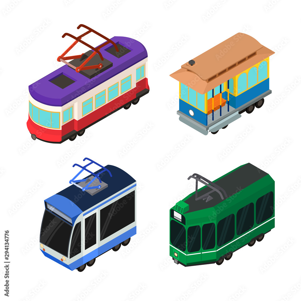 Tram car icons set. Isometric set of tram car vector icons for web design isolated on white background