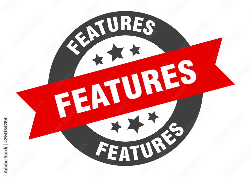 Fototapeta premium features sign. features black-red round ribbon sticker
