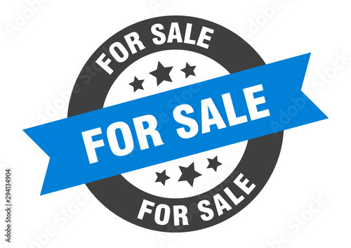 for sale sign. for sale blue-black round ribbon sticker