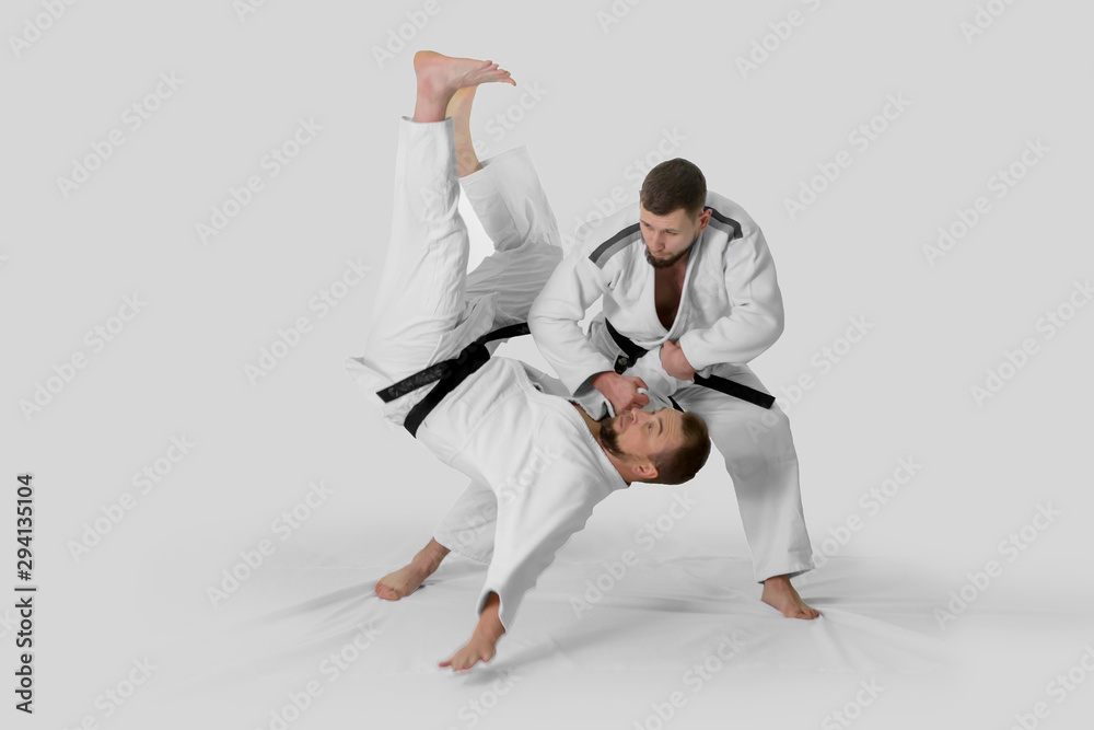 Two caucasian men are practicing aikido on the tatami (isolation path included) Two caucasian men are practicing aikido on the tatami (isolation path included)