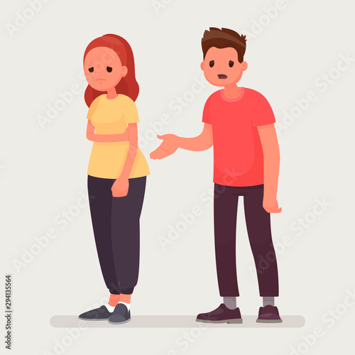 Sorry. The man apologizes to the offended woman. Relationships. Vector illustration