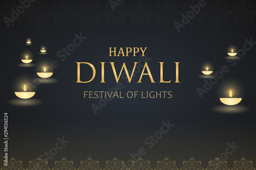 Happy Diwali, festival of lights India with gold diya and pattern Rangoli on dark background. Card or banner design with candlelight and illuminated oil lamps. Vector illustration.