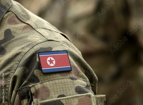 Flag of North Korea on military uniform (collage).