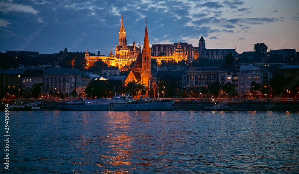 Budapest embankment at night with the highlight of the most beautiful places