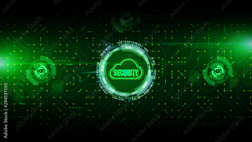 Secure data network digital cloud computing with circuit board data transfer. Cyber security concept.