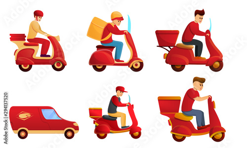 Food delivery service icons set. Cartoon set of food delivery service vector icons for web design