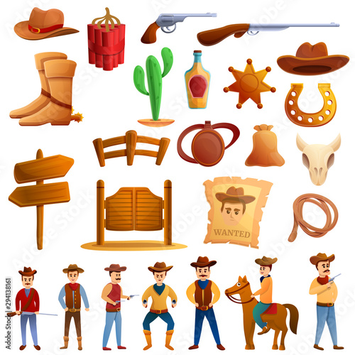 Cowboy icons set. Cartoon set of cowboy vector icons for web design