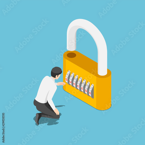 Isometric businessman unlock the lock by success code