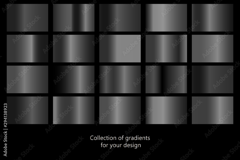 Collection of black gradient backgrounds. Set of black metallic ...