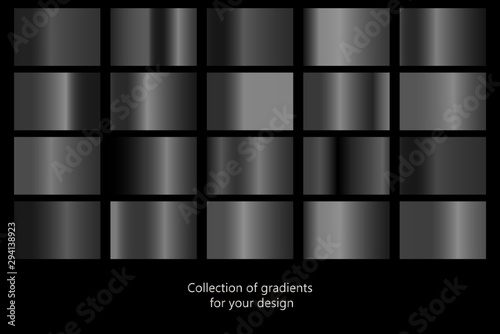 Collection of black gradient backgrounds. Set of black metallic textures. Vector illustration