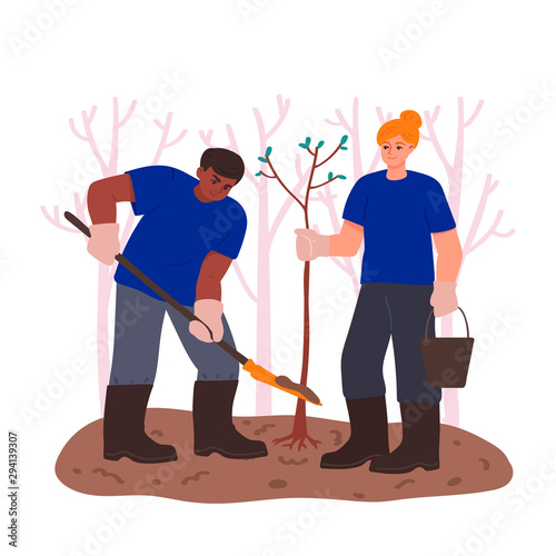 Volunteers in blue t-shirts are planting trees in the park. Charity donation. Banner. Vector illustration in freehand drawn style