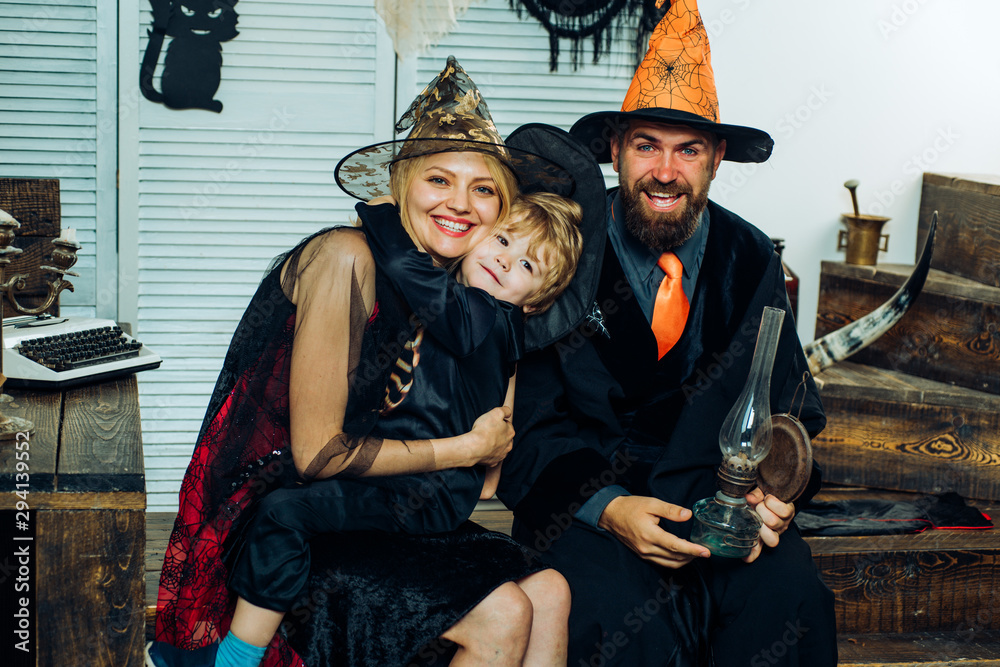Family love. Family holiday. Happy halloween. Best ideas for Halloween. Party invitation. Happy parents and child.