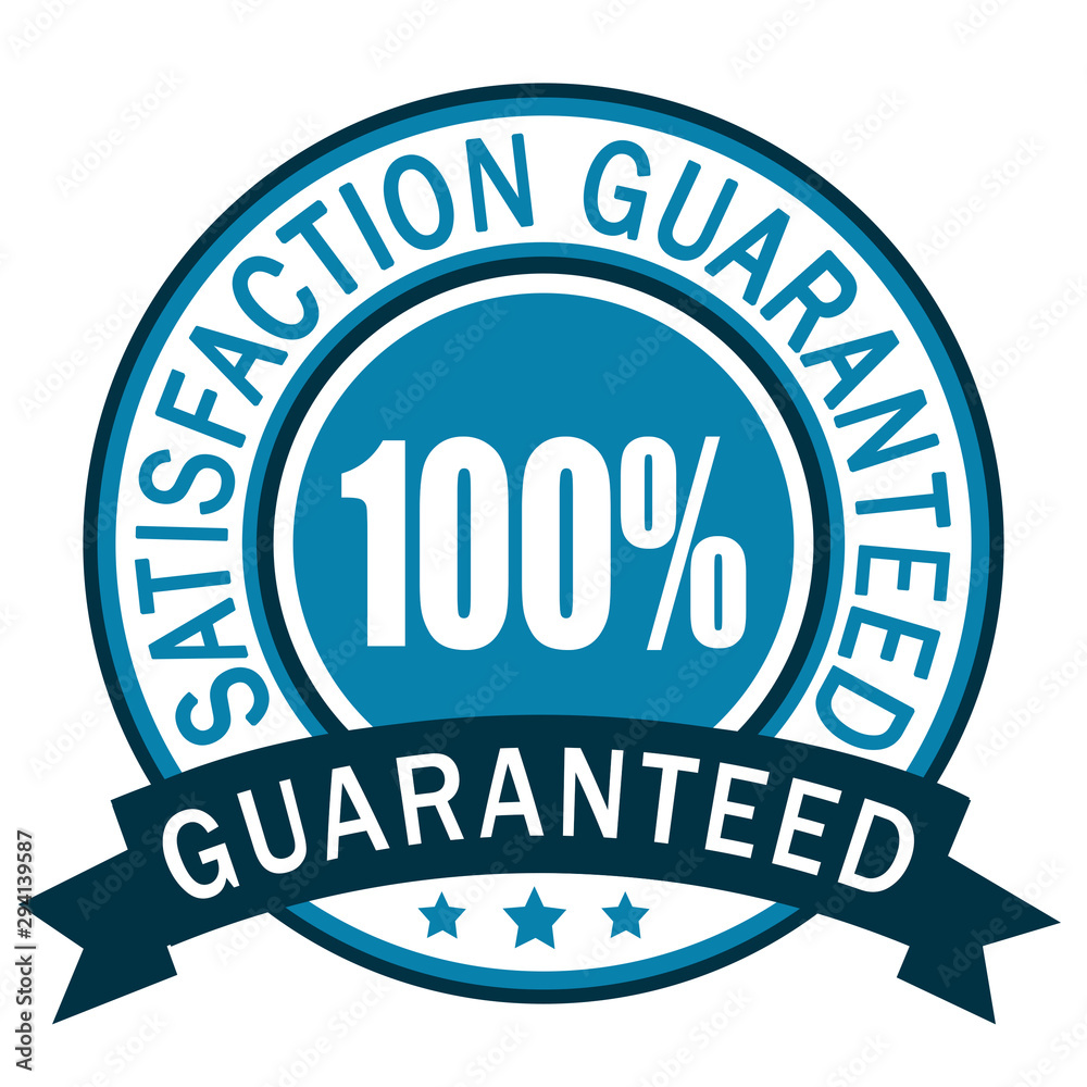 100% Guaranteed. Satisfaction guaranteed badge label. Blue icon.