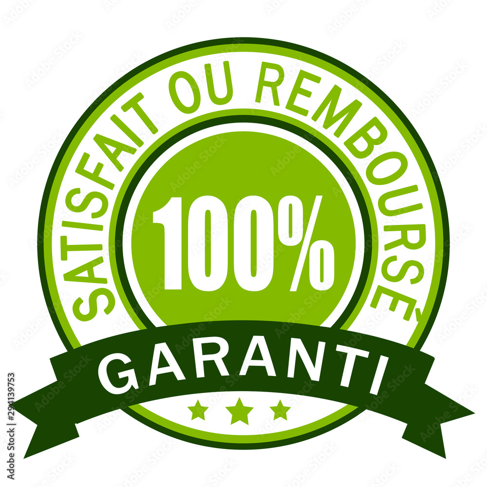 Garanti 100% satisfait ou remboursé. Icône verte...
