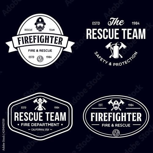 Set of firefighter volunteer  rescue team emblems  labels  badges and logos in monochrome style.