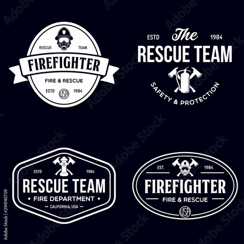 Set of firefighter volunteer, rescue team emblems, labels, badges and logos in monochrome style.
