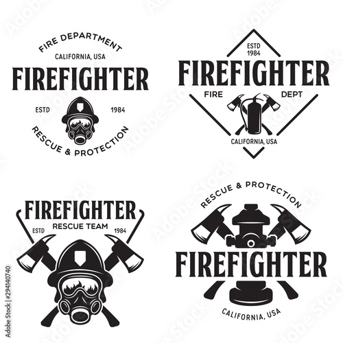 Set of firefighter volunteer, rescue team emblems, labels, badges and logos in monochrome style.