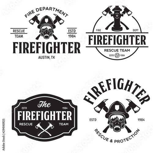 Set of firefighter volunteer, rescue team emblems, labels, badges and logos in monochrome style.