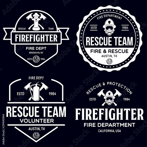 Set of firefighter volunteer, rescue team emblems, labels, badges and logos in monochrome style.