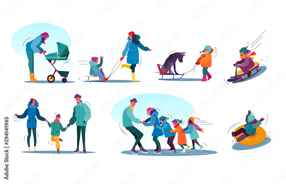 Children and families winter activities set. People sledging, skating, walking with dog. Activity concept. Vector illustration for topics like vacation, winter, entertainment