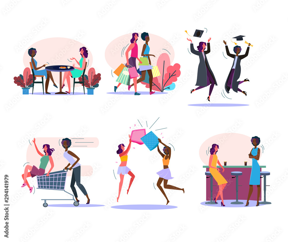 Female friends activities set. Women drinking coffee, doing shopping, graduating, having fun together. Friendship concept. Vector illustration for posters, presentations, landing pages