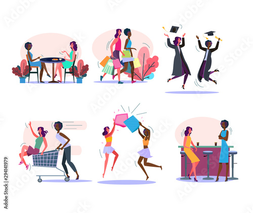 Female friends activities set. Women drinking coffee, doing shopping, graduating, having fun together. Friendship concept. Vector illustration for posters, presentations, landing pages
