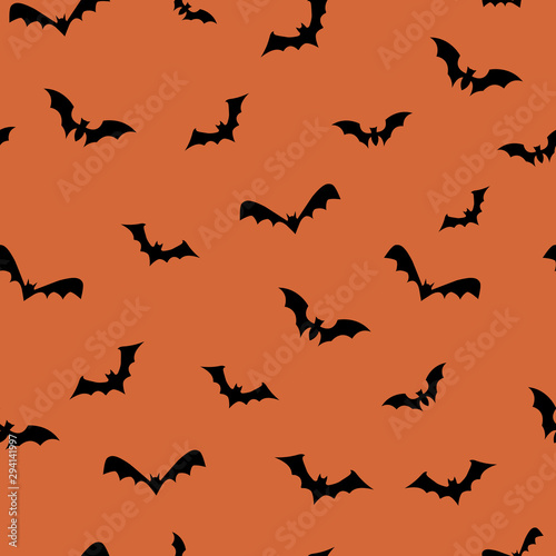 Bats seamless repeat pattern for october holidays on orange background. Vector illustration EPS10.