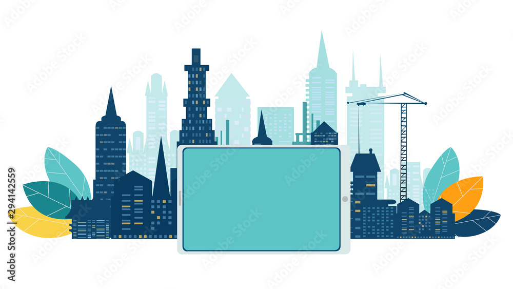 Naklejka premium Modern city, business district surrounded by communication icons. Business concept illustration.