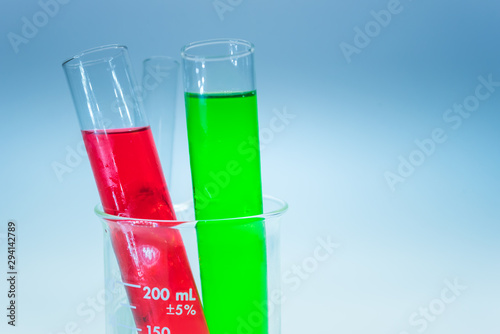 Science chemical tubes with colorful liquid. Medical laboratory research background. pharmacology and biotechnology concept. Copy space for texting. photo