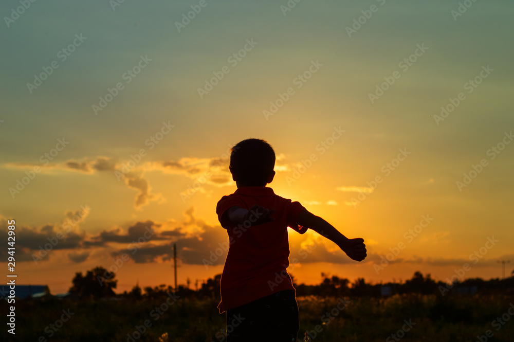 Silhouette of a boy against the backdrop of the setting sun
