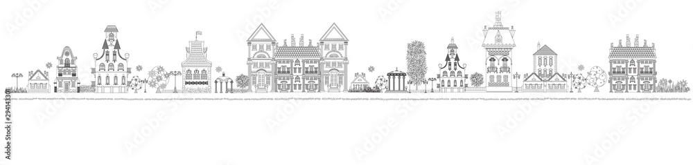 Big panorama of the City, doodle design with lots of details. Old fashion residential buildings and trees. Beautiful background.
