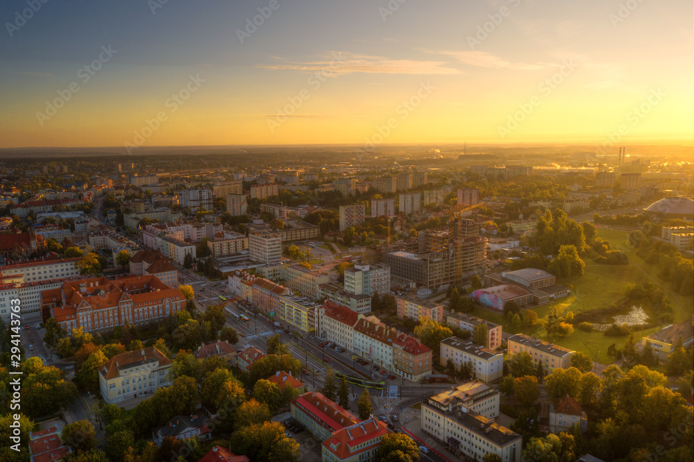 Morning sun illuminates the old town of Olsztyn. Warmia, Poland.