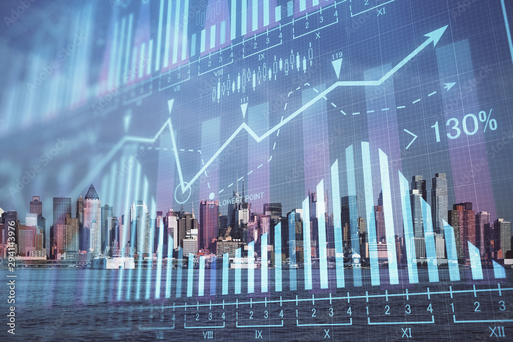 Forex chart on cityscape with skyscrapers wallpaper double exposure. Financial research concept. Forex chart on cityscape with skyscrapers wallpaper double exposure. Financial research concept.