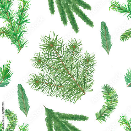 Watercolor hand painted nature evergreen seamless pattern with different green christmas tree fir branches isolated on the white background