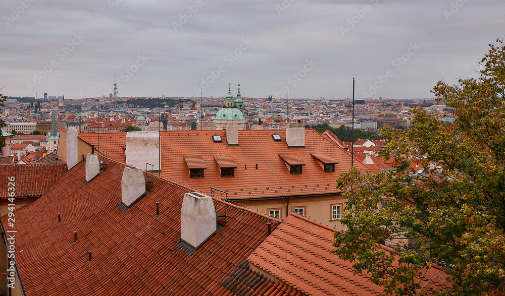 bright orange roofs made of tiles, urban landscape in the Czech Republic bright orange roofs made of tiles, urban landscape in the Czech Republic