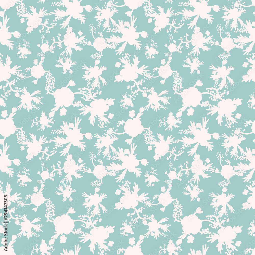 A seamless vector pattern with white floral silhouettes on a pale teal background. Surface print design.
